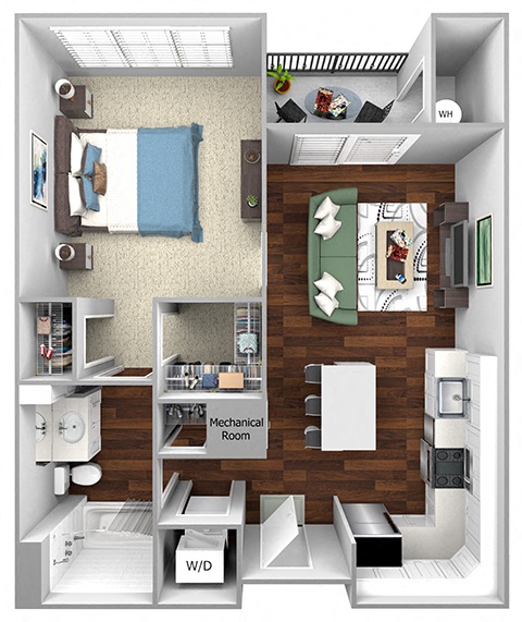 Floor plan for 1 bed, 1 bath, 696 sqft
